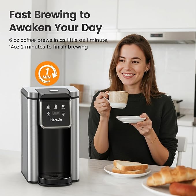 Horavie Single Serve Coffee Maker for K-Cup Pod and Grounds, Hot and Iced Coffee Maker, 6 to 14oz Brew Sizes, 50oz Removable Reservoir, Strong Button Feature, Fit 6.5" Mugs, Stainless Steel, Black