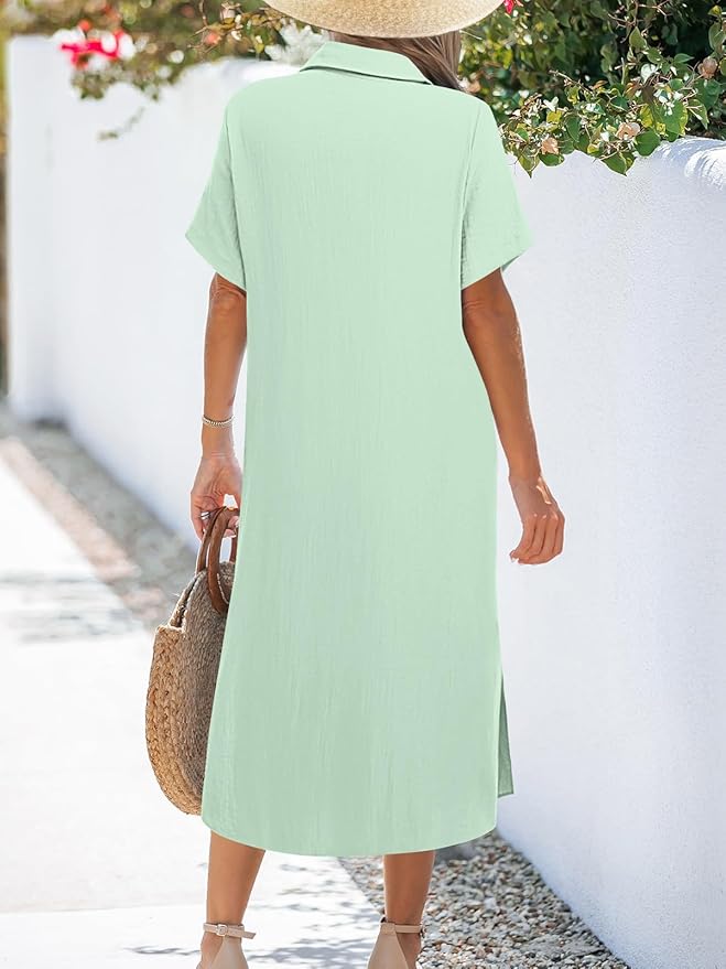 Zeagoo Women Dresses Summer Casual Short Sleeve Button Down Shirt Dresses 2025 Beach Cover Up with Pockets