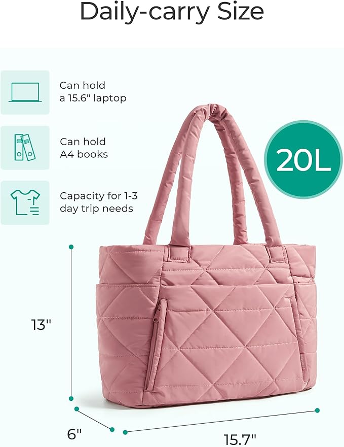 BAGSMART Tote Bag for Women, Puffy Tote Bag with Zipper, Large Quilted Shoulder Bag with Compartments for Travel, Work, Gym