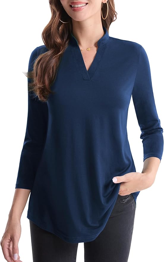 BAISHENGGT 3/4 Sleeve Tops for Women Notch V Neck Floral Work Blouses Dressy Casual Loose Fit Going Out Tunic Tops