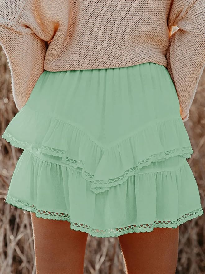 Aoudery Flowy Shorts for Women Casual Boho Ruffle Tiered Skorts High Waist Mini Skirts Golf Tennis Crochet Shorts