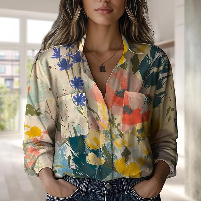 Boho Shirts for Women Vintage Graphic Casual Lightweight Long Sleeve Dressy Gauze V Neck Oversized Beach Top