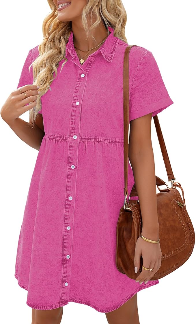 LookbookStore Women's Short Sleeve Button Down Flowy Tiered Babydoll Denim Dress