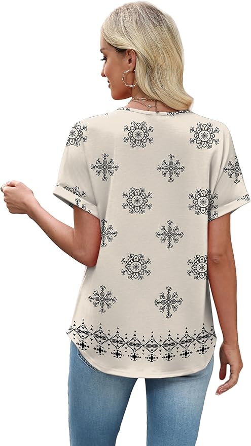 Sipaya Womens Blouses Dressy Casual Summer Shirts Short Sleeve Lace Front Boho Tunic Tops for Leggings Fashion Clothes