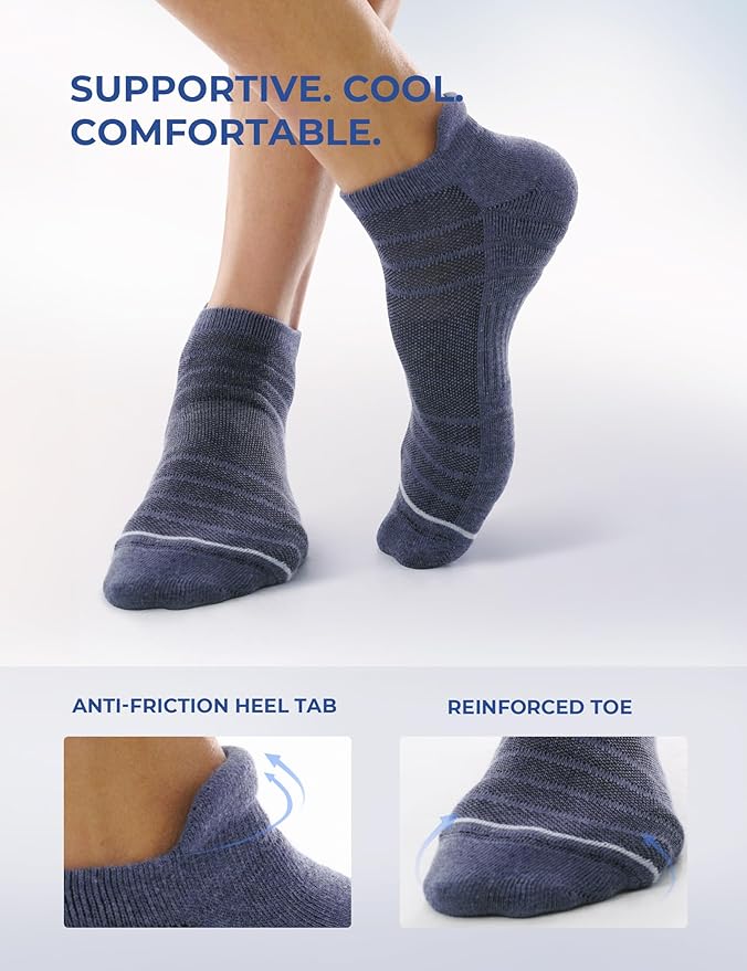 CS CELERSPORT 6 Pack Athletic Running Ankle Socks, Cotton Low Cut Cushioned Anti-Blister Tab Sports Socks Men Women