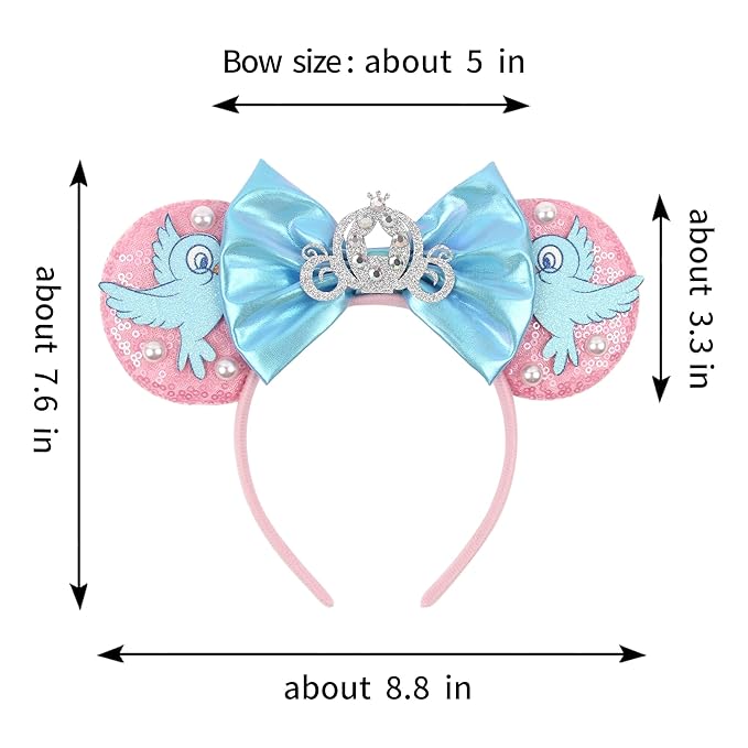 zhezesmila Mouse Ears Headband Lark Birds Ears with Sparkly Bow Princess Crown Head Bands for Women Hairs Accessories for Birthday Party Theme Park