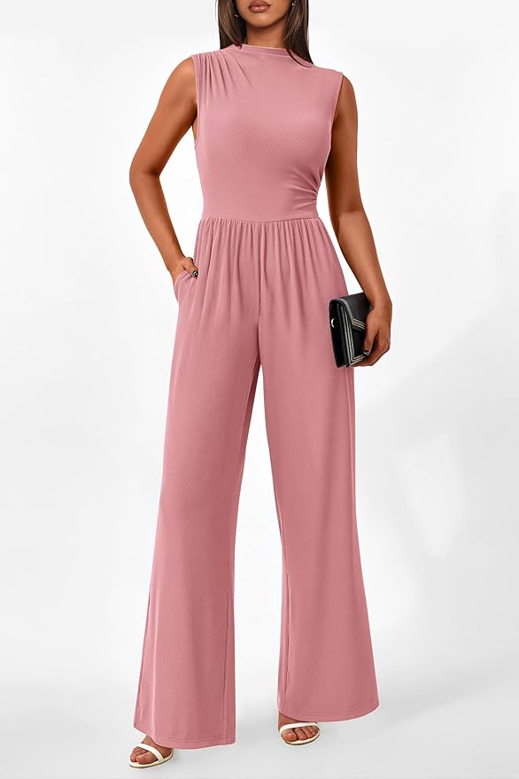 PRETTYGARDEN Womens Summer Jumpsuits Dressy Casual One Piece Outfits Sleeveless Mock Neck Wide Leg Pants Rompers with Pockets