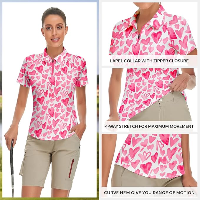 Women's Golf Shirt Short Sleeve Tennis Shirt Quarter Zip Golf Pullover Golf Polo Shirts Argyle Tops