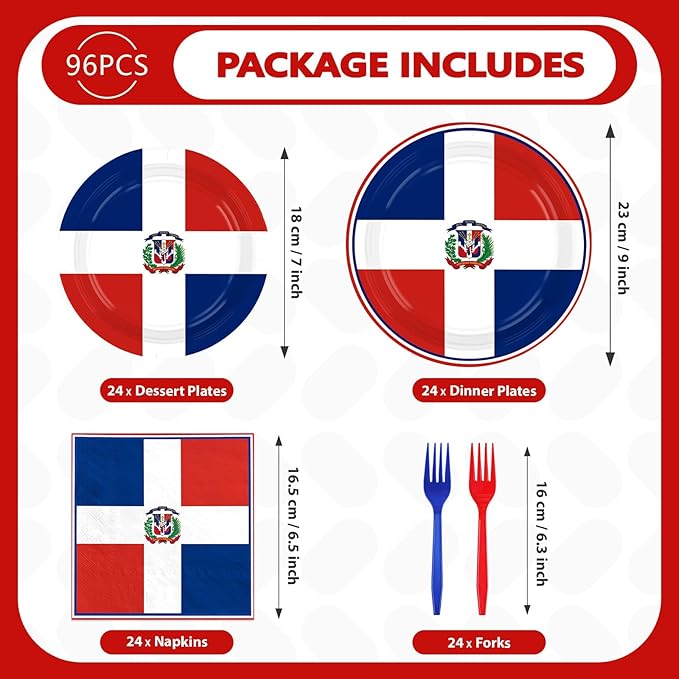 Greencian 96Pcs Dominican Republic Flag Party Decorations Dominican National Plates and Napkins Red White and Blue Flag Tableware Set for Patriotic Country Festival Party Supplies Serves 24