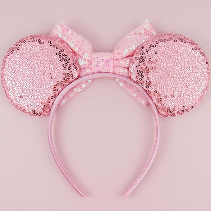 LIHELEI Mouse Ears Headband for Princess, Pink Headbands for Women Halloween Costume, Sequin Bows Headwear Hair Accessories for Women - Pink
