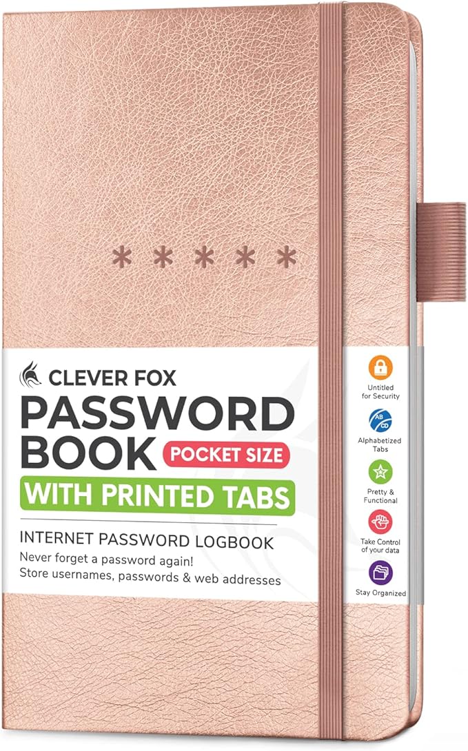 Clever Fox Password Book – Alphabetized Internet Address & Password Organizer - Computer & Website Password Keeper Notebook – Log-In Password Journal – Pocket, 6.2x3.5″, Hardcover (Rose Gold)