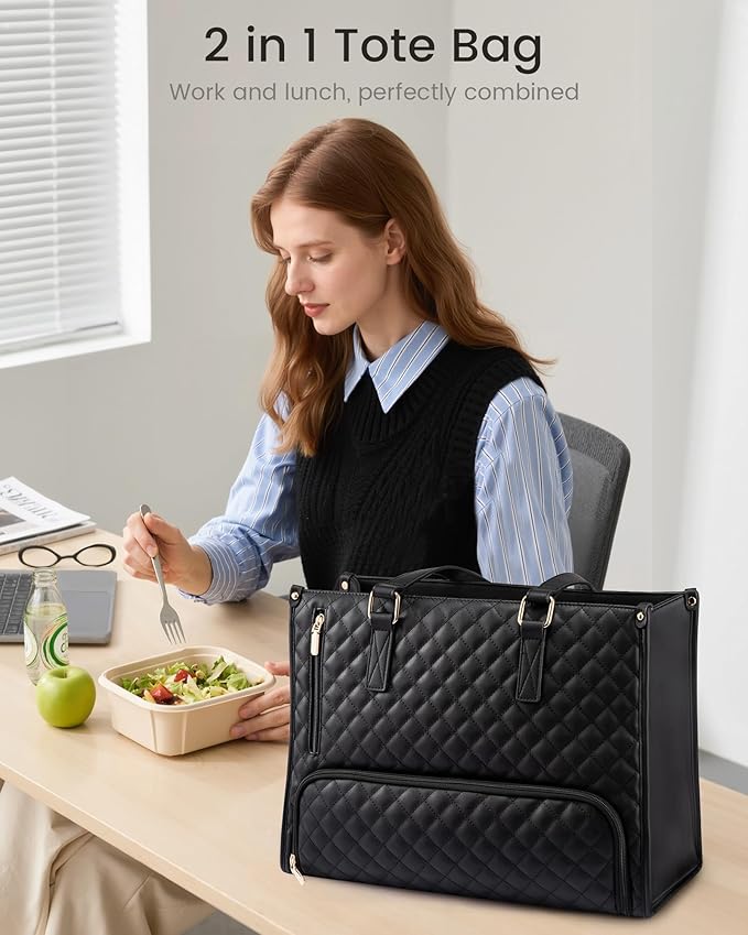 LOVEVOOK Lunch Tote Bag for Women, 15.6 Inch Laptop Bag with Insulated Lunch Compartment, Quilted Large Capacity Computer Handbag with Purse for Business, Work, Nurse, Collage, Office, Casual, Wine