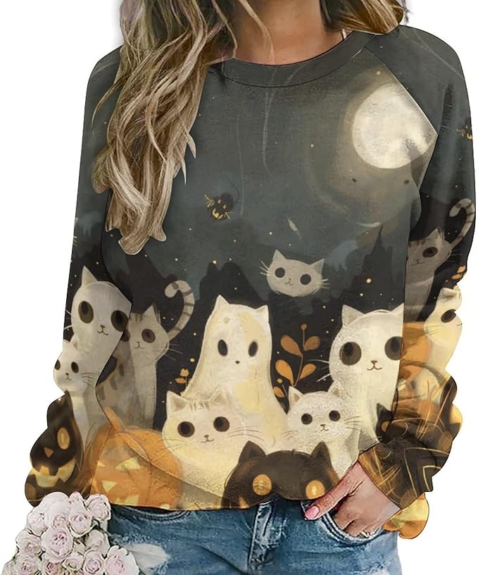 Spatofa Womens novelty funny cat printed crewneck sweatshirt casual loose long sleeve graphic pullover sweatshirts tops