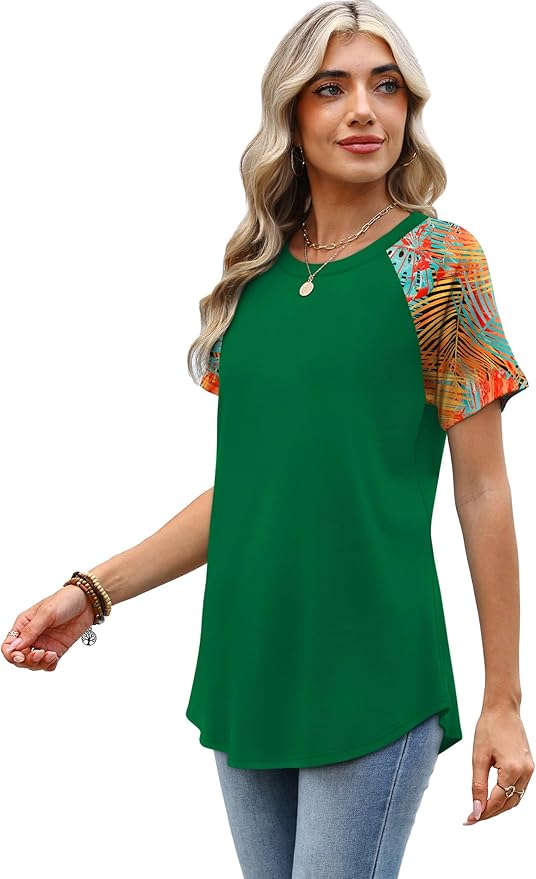 WIHOLL Summer Tops for Women 2026 Trendy Short Sleeve Shirts Crew Neck Tops Curved Hem Fashion Clothing