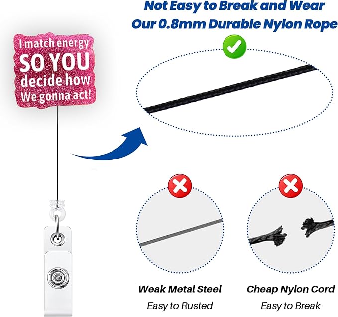 I Match Energy So You Decide How We Gonna Act Funny Badge Reel, Pink Retractable ID Card Badge Holder, Name Office Badge Clip for RN LPN CNA MA ER Night Shift Nurse Nursing Student Doctor, Nurse Gifts