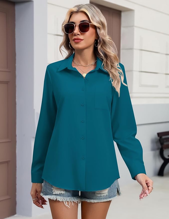 HOTOUCH Button Down Shirts for Women Long Sleeve Blouse Dressy Casual Business Work Tops with Pocket