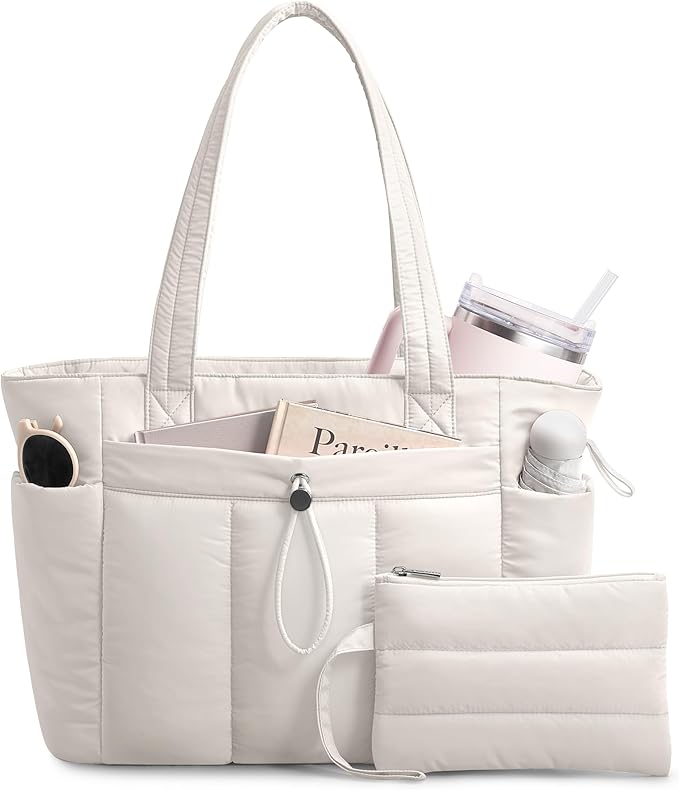 TOPDesign Puffy Tote Bag for Women with Cup Holder & Laptop Compartment & Cosmetic Bag & Trolley Sleeve for Work, Travel