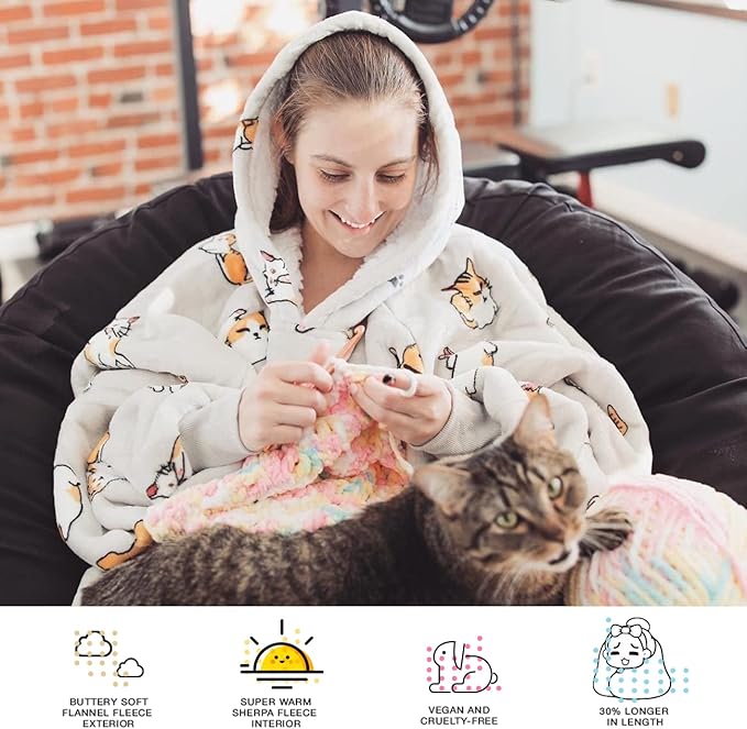 KFUBUO Wearable Blanket Hoodie for Adults Sherpa All Patterns Cat Oversized Sweatshirt Blanket with Pockets for Women