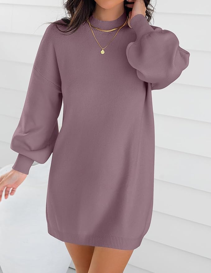 ZESICA Women's 2026 Fall Turtleneck Sweater Dress Oversized Long Lantern Sleeve Casual Knit Pullover Mini Dresses