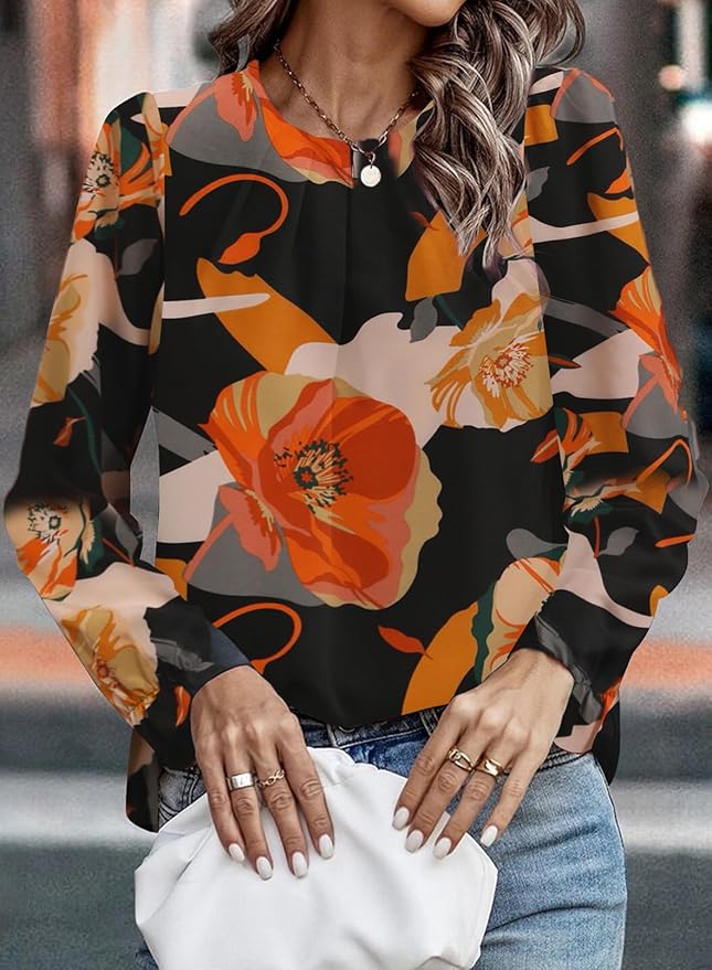 Samefar Womens Tops Dressy Casual Pleated Crew Neck Long Sleeve Shirts Office Work Chiffon Blouses