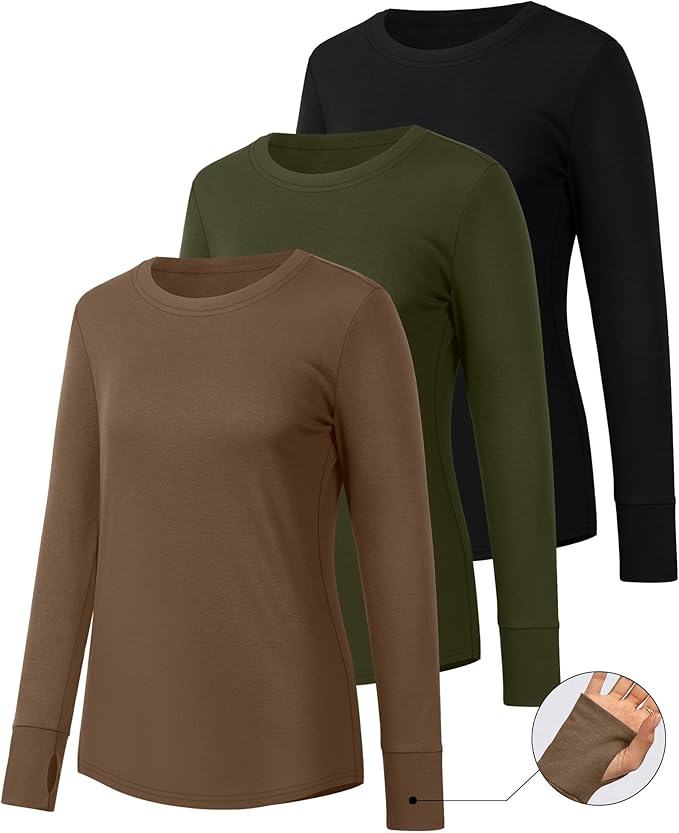 Huukeay 3 Pack Women's Long Sleeve Shirts with Thumb Holes, Cotton Casual Crew Neck Tunic Tops Fall Loose Y2k Trendy Outfits