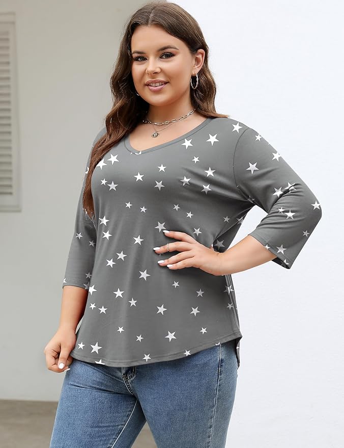 TFSDOD Womens Plus Size Tops V Neck T Shirts 3/4 Sleeve Blouse Summer Casual Tees XL-5X