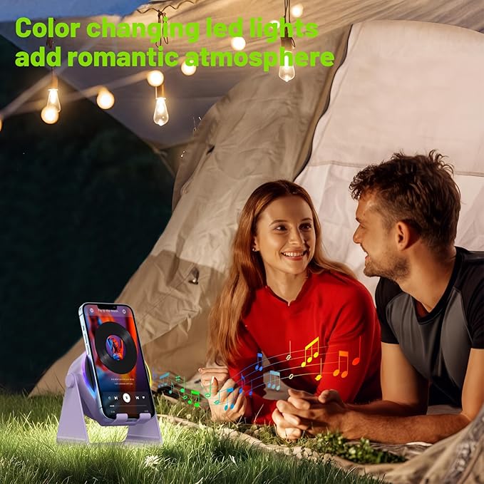 Wireless Induction Speaker, 4 in1 Phone Stand Bluetooth Speaker Amplifier with Colorful Ambient Light 360° Rotation Holder for Tablet iPhone Android,Portable Gifts for Adults Teens (Purple)
