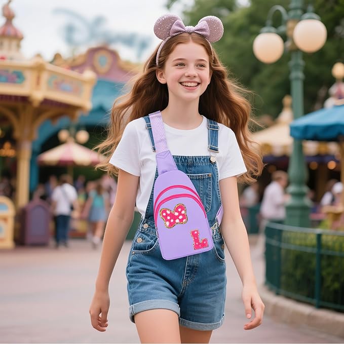 7 8 9 10 11 12 13 23 Year Old Girl Birthday Gifts, Purple Initial Bow Mouse Park Small Sling Bag for Girls Daughter Women, Teen Girl Gifts Trendy Stuff Crossbody Fanny Pack Must Have for Park Travel L