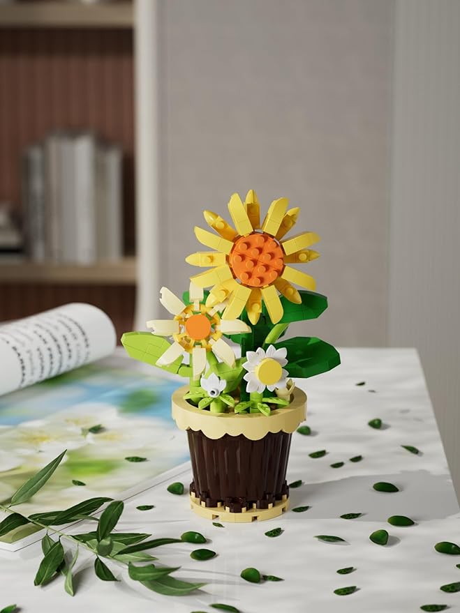 Jollcnoia Sunflower Mini Flower Potted Plant Bonsai Building Toy Blocks Artificial Particle Flower Botanical