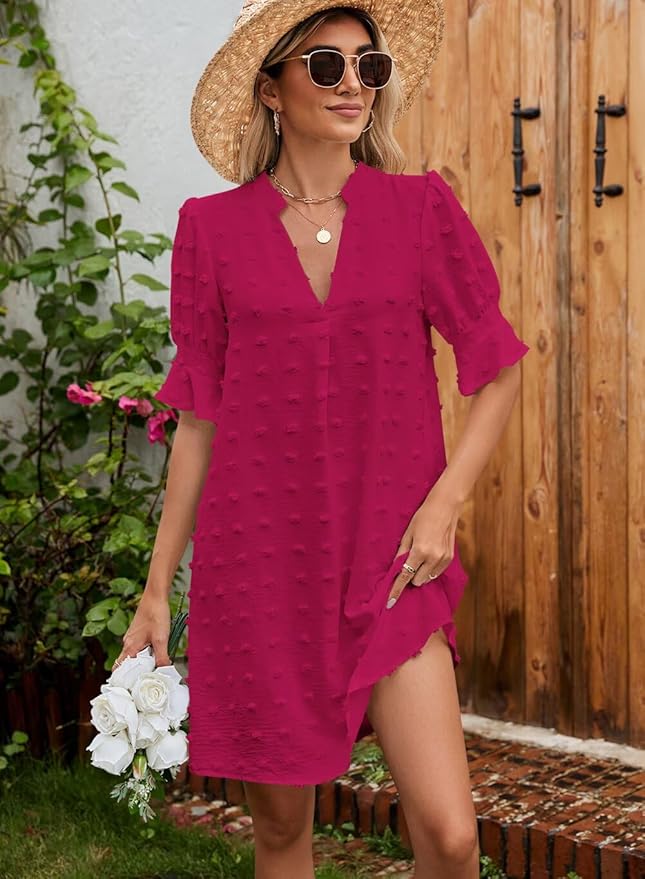 QACOHU Summer Dresses for Women V Neck Ruffle Short Sleeve Casual Shift Dress