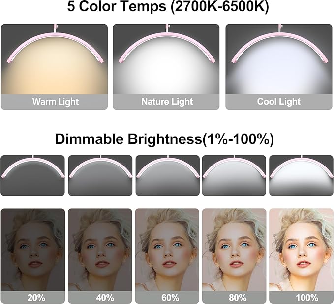 Half Moon Lash Light - Adjustable LED Floor Lash Lamp with 4X Magnifier & Phone Holder for Eyelash Extensions,Nail Art,Tattoo,Skincare,Salon SPA-Dimmable Brightness,Rotating Head, Pink