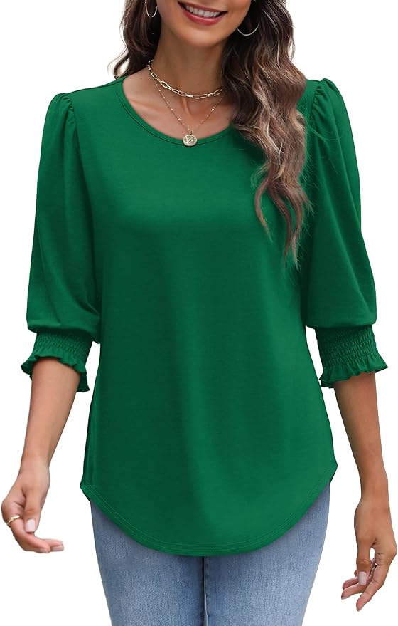XIEERDUO Blouses for Women Dressy Casual 3/4 Length Sleeve Womens Tops with Smocked Cuffs