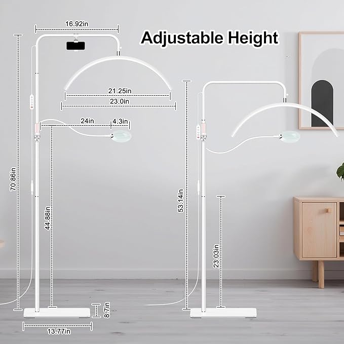 Half Moon Lash Light - Adjustable LED Floor Lash Lamp with 4X Magnifier & Phone Holder for Eyelash Extensions,Nail Art,Tattoo,Skincare,Salon SPA-Dimmable Brightness,Rotating Head, White