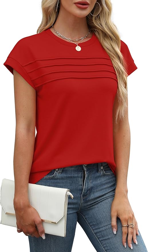 WEESO Womens Summer Tops Trendy 2026 Cap Sleeve T Shirts Crew Neck Pleated Front Beach Vacation Clothes Fashion