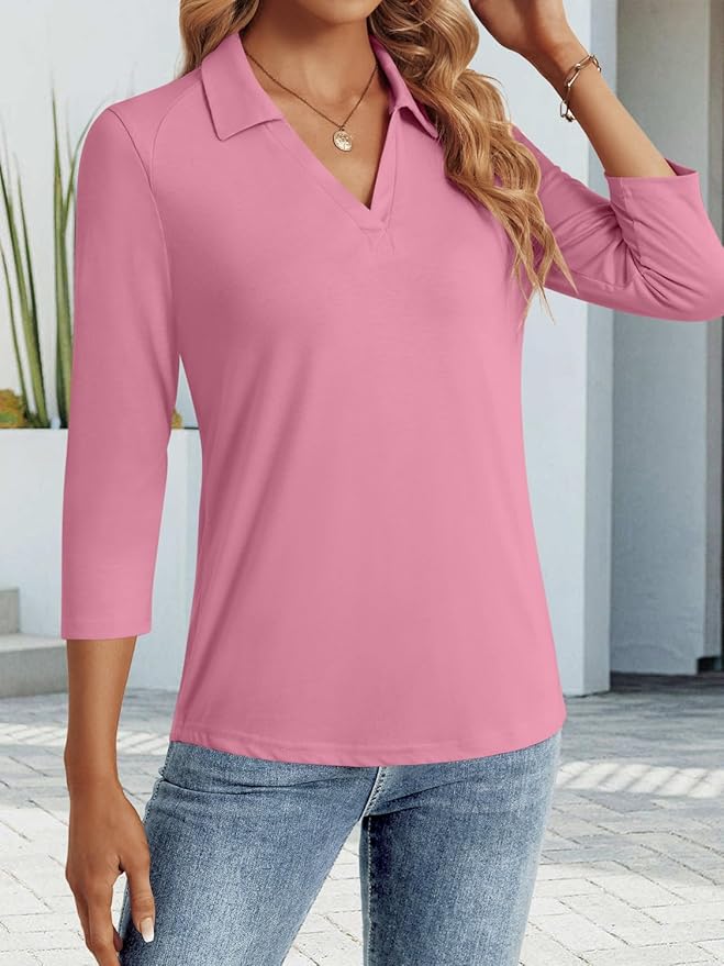 3/4 Length Sleeve Womens Tops Dressy Casual V Neck Polo Shirts Business Work Blouses 2025 Trendy Tunic Top