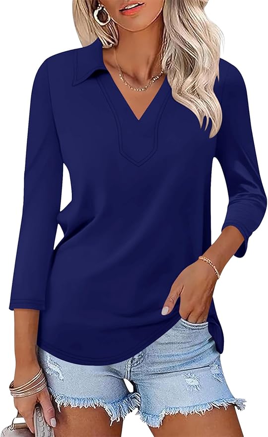 LOMON 3/4 Length Sleeve Womens Tops 2026 Spring Summer Collared Polo Shirts V Neck Casual Basic Polos Tees Shirt