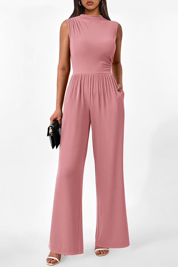 PRETTYGARDEN Womens Summer Jumpsuits Dressy Casual One Piece Outfits Sleeveless Mock Neck Wide Leg Pants Rompers with Pockets