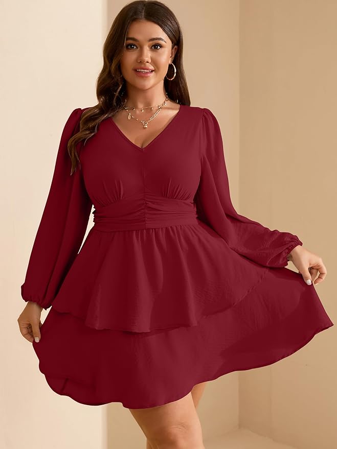 RWJ Plus Size Dresses for Curvy Women V Neck Long Sleeve Elastic Waist Fall Wedding Guest Layer Casual Mini Dress