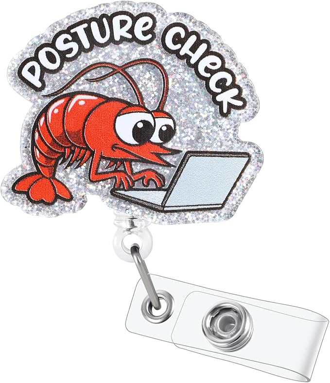 Funny Shrimp Posture Check Badge Reel, Humorous Retractable ID Card Badge Holder, Name Tag Work Badge Clip for Nurse Teacher Doctor Office Worker Desk Job Humor