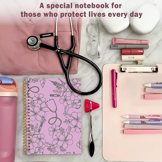 Lacama Nurse Notebook Journal, Nursing School Essentials, Nursing Student Graduation Gifts, Nurse Gifts for Women Nurse Appreciation Gift, Nurses Week Gifts, Stethoscope Flower Spiral Notebook(Purple)