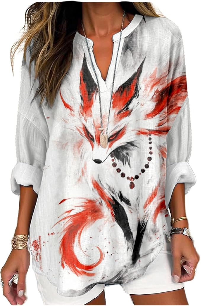 MARSVOVO V Neck Shirt For Women Boho Multi Style Blouse Long Sleeve Novelty Graphic Plus Size Pullover Tops For Women