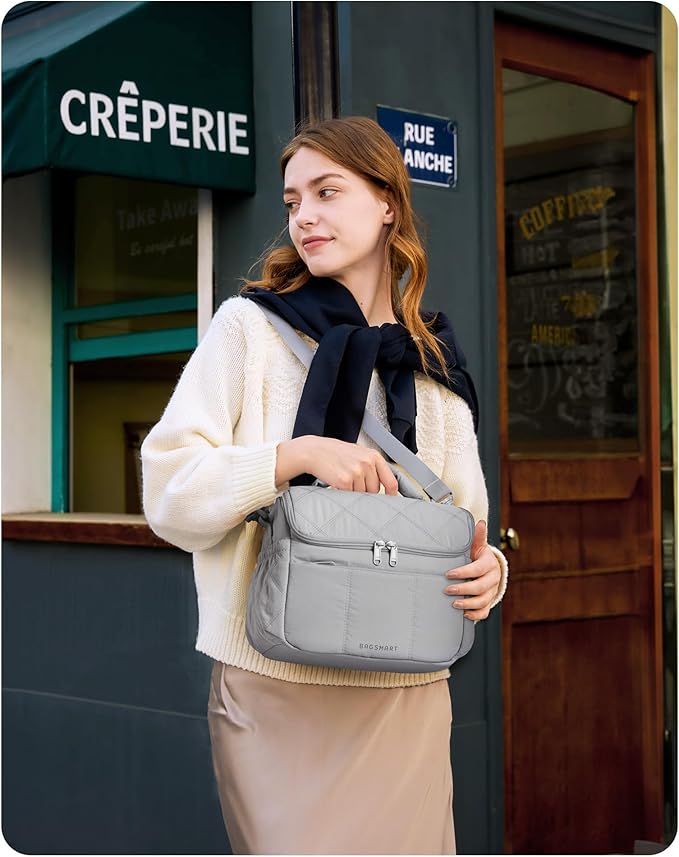 BAGSMART Insulated Lunch Bags for Women, Cute Quilted Lunch Box, Lightweight Puffy Padded Waterproof Lunch Tote, Reusable Lunch Cooler for Work Picnic Travel, Gray
