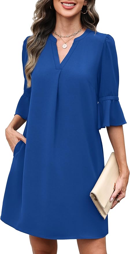 RUMIA Shift Dress for Women V Neck Ruffle Short Sleeve Loose Casual Summer Dress