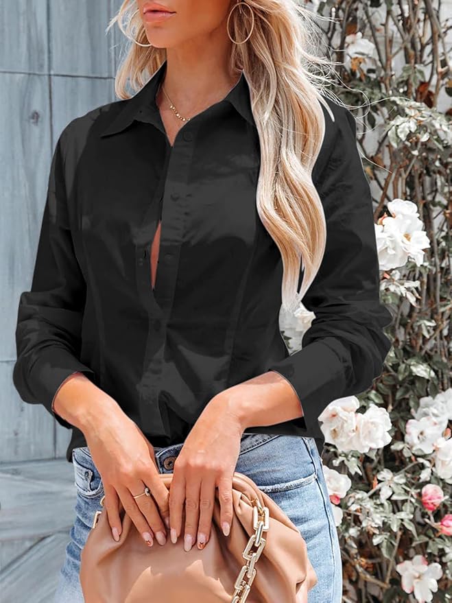 siliteelon Women's Button Down Shirts Long Sleeve Dress Shirts Wrinkle Free Collared Work Office Solid Blouses Corset Tops