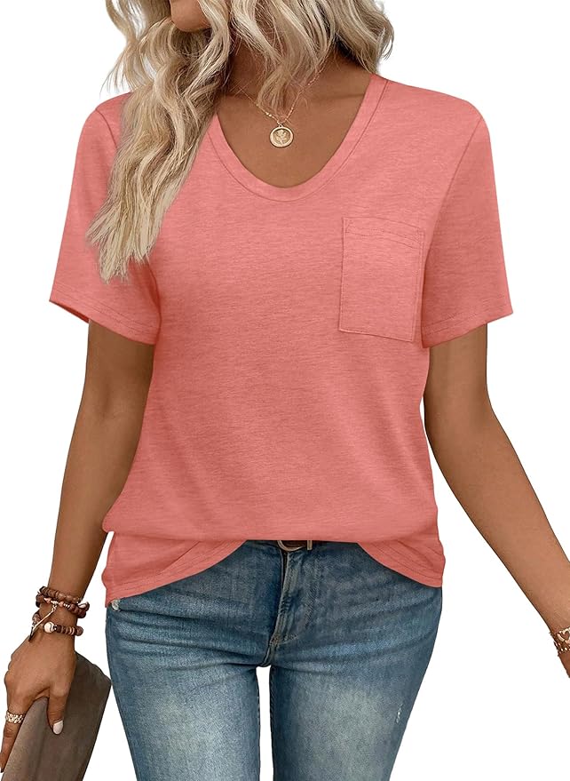 WIHOLL Women Summer T Shirts Short Sleeve Rounded V Neck Pocket Tee Tops