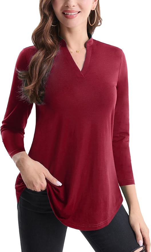 BAISHENGGT 3/4 Sleeve Tops for Women Notch V Neck Floral Work Blouses Dressy Casual Loose Fit Going Out Tunic Tops