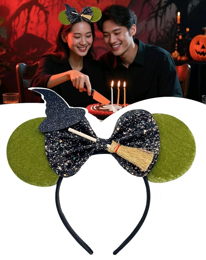 WW-WONDERFULWORLD Green Witch Mouse Ears Headband with Sequin Bow, Magic Hat and Broom, Halloween Park Costume Accessory, Birthday Party, Daily Fashion Headwear, Stage Performance