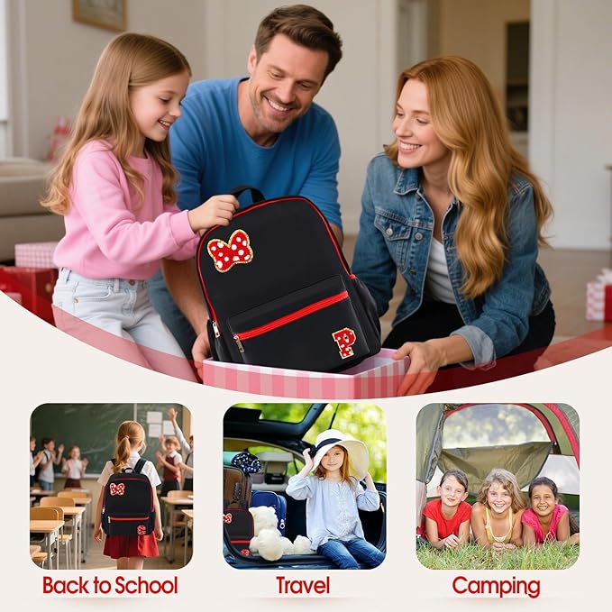 Preppy Initial Bow Mouse Backpacks for Girls 14.6 Inch, Black Kids Backpacks Ages 3-10 for Park Travel Preschool Elementary School, Lightweight Bookbag Birthday Back to School Gifts for Little Girls P