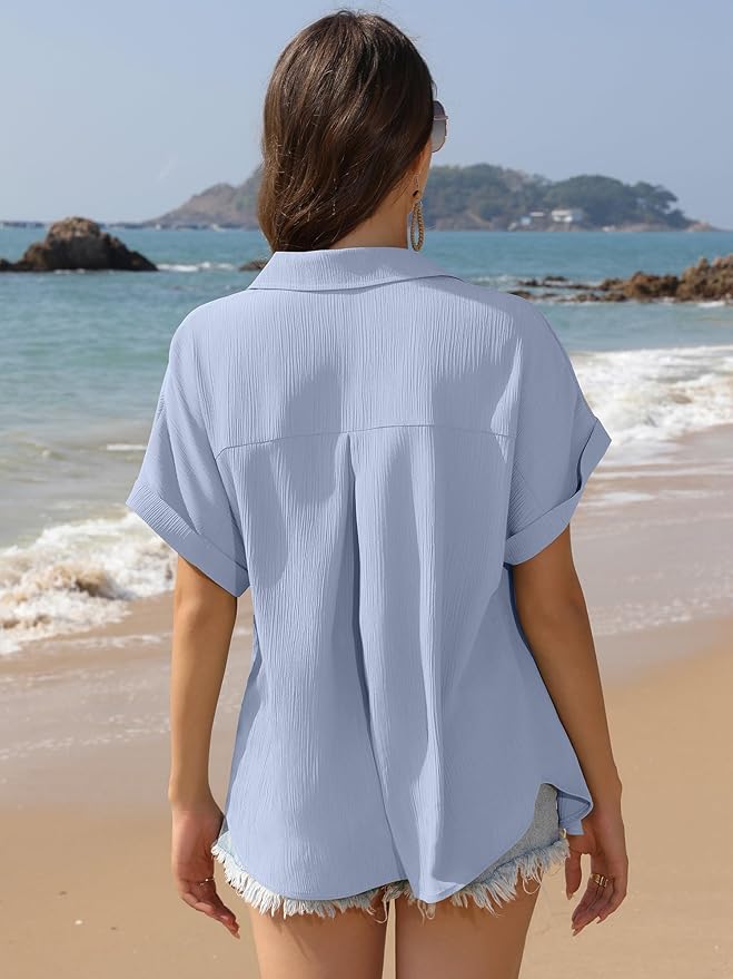 Womens Button Down Shirt Casual Short Sleeve Collared Work Blouse with Pocket