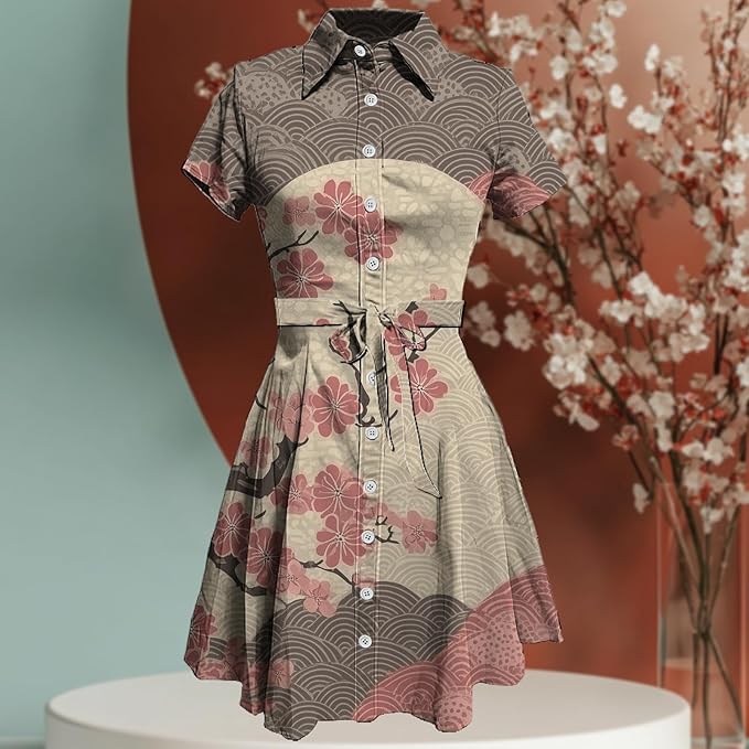 MARSVOVO Japanese Art Shirt Dresses for Women Short Sleeve Ruffle Button Down Tie Waist Trendy Elegant Midi Dress